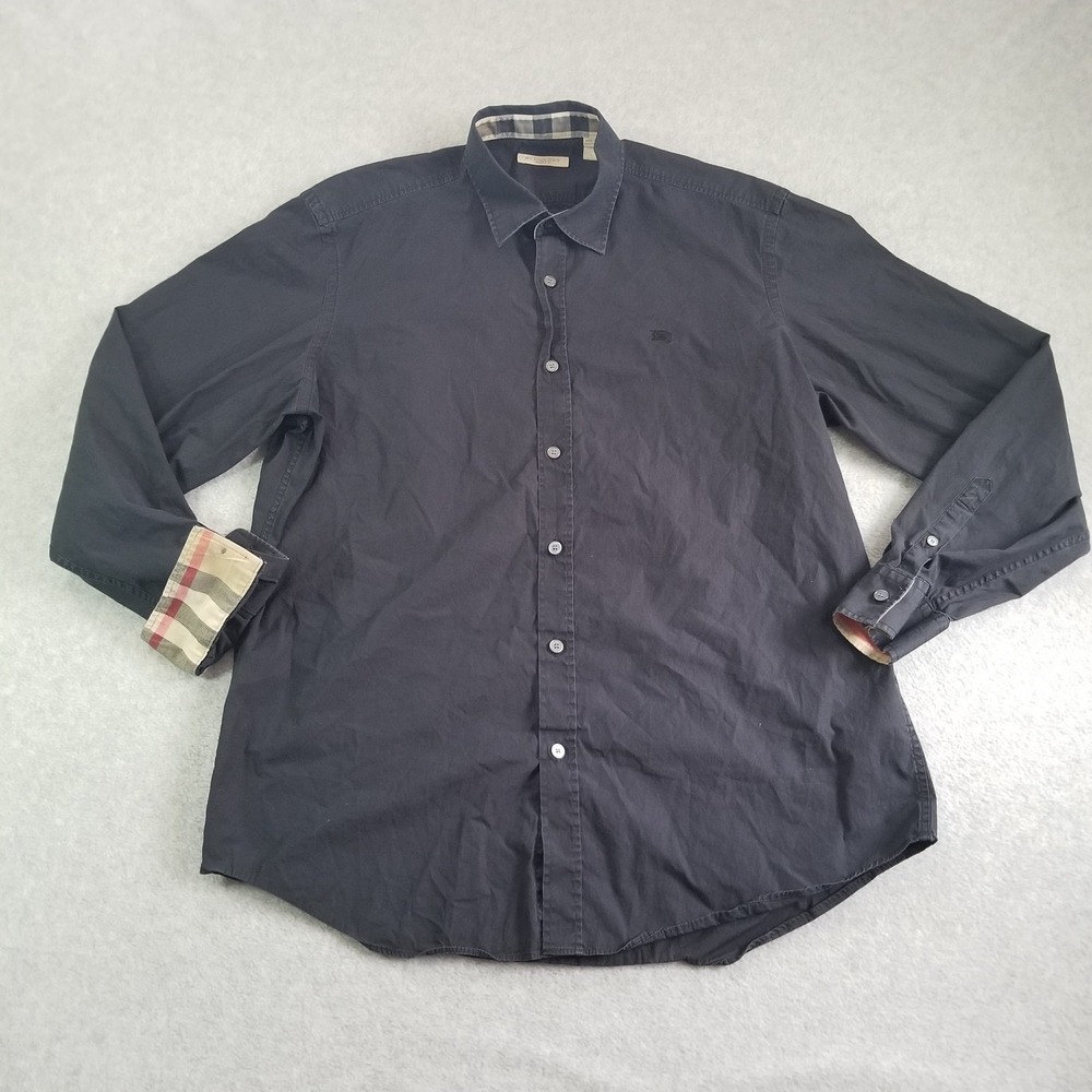Vintage Burberry Brit Shirt Mens Large Black Nova Check Cuff Collar Trim